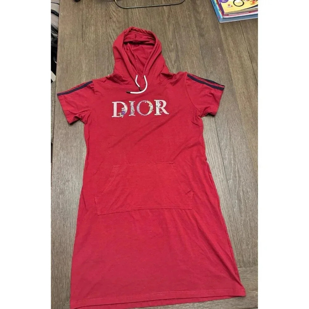 Dior Red Hooded Short-Sleeve Midi Dress with Logo